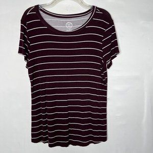 Maurices Woman’s Top sz M Dark Plum w/ Stripes 24/7 Short Sleeves Comfort Shirt